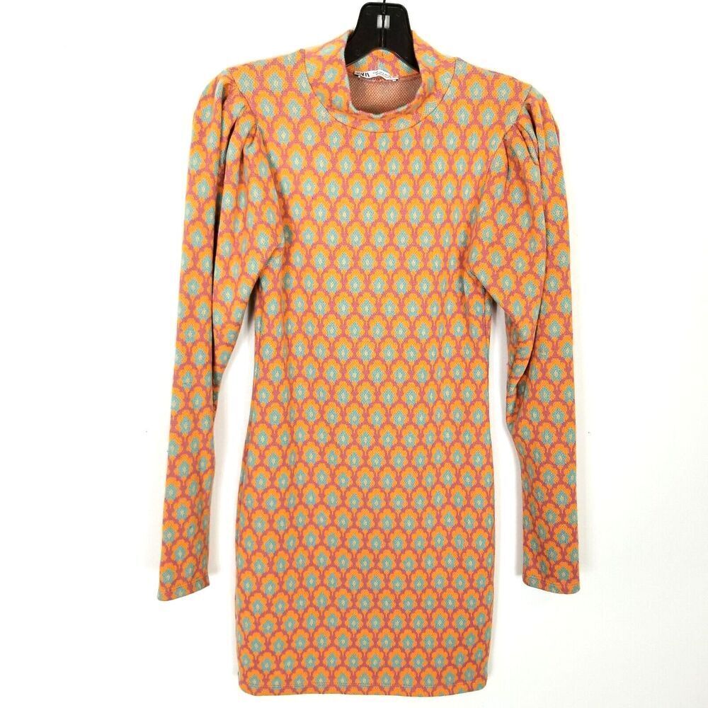 Zara Women Jacquard High Collar Puff Sleeve Dress Sz S Mini Long Sleeve Orange